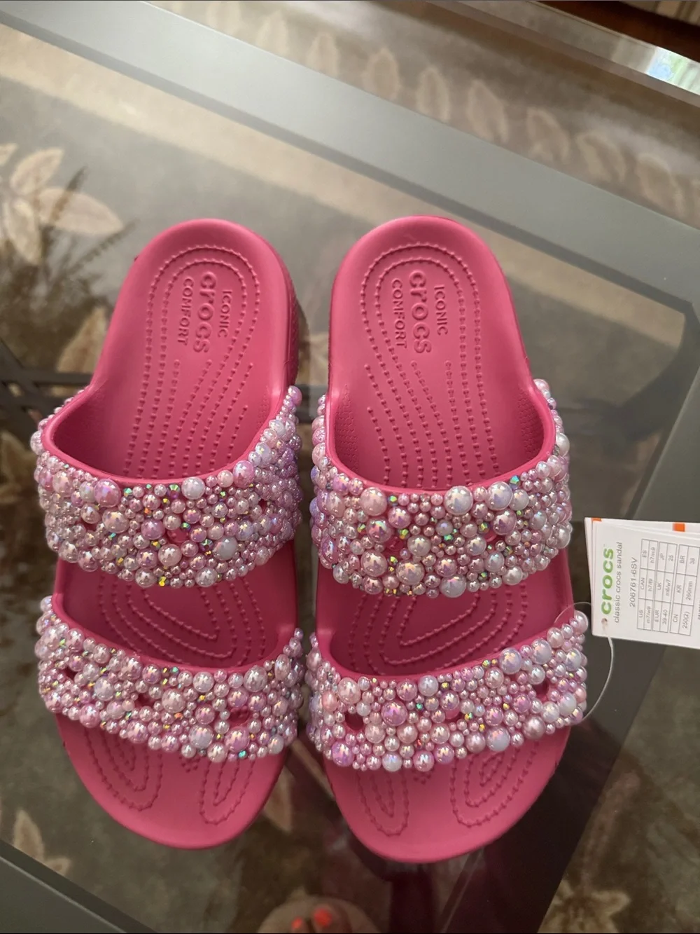 CROCS Pink Pearl-Embellished Double-Strap Slides